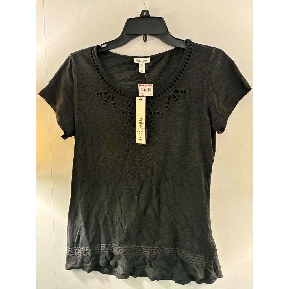 Tribal Jeans Womens Gray Slub Knit Eyelet Embroidered Cutout Medium NEW